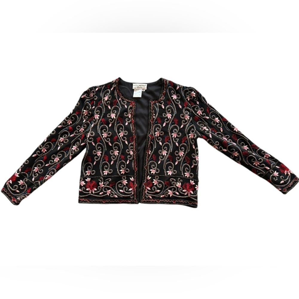 Vintage 80s Papell Boutique Embroidered Beaded Black Evening Jacket